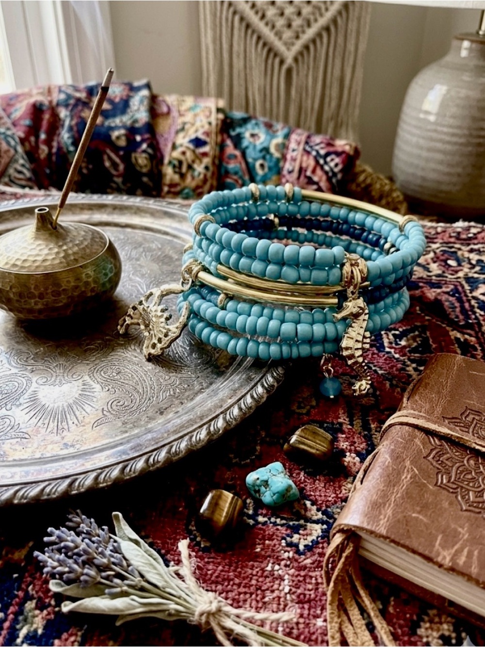 Bohemian Turquoise Beaded Wrap Bracelet with Gold Charms - Women Jewelry